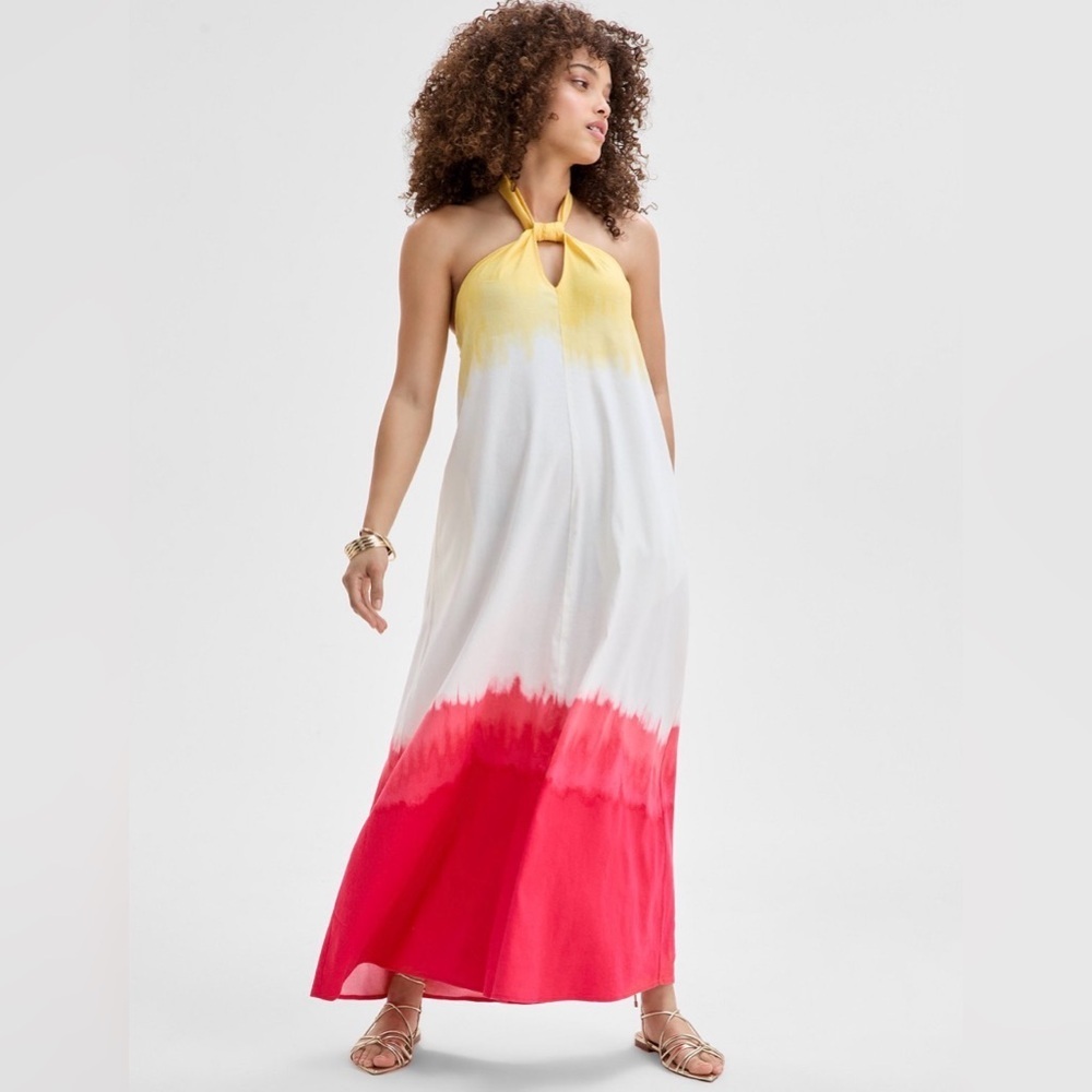 INC International Concepts Yellow White Pink Backless Halter Maxi Dress